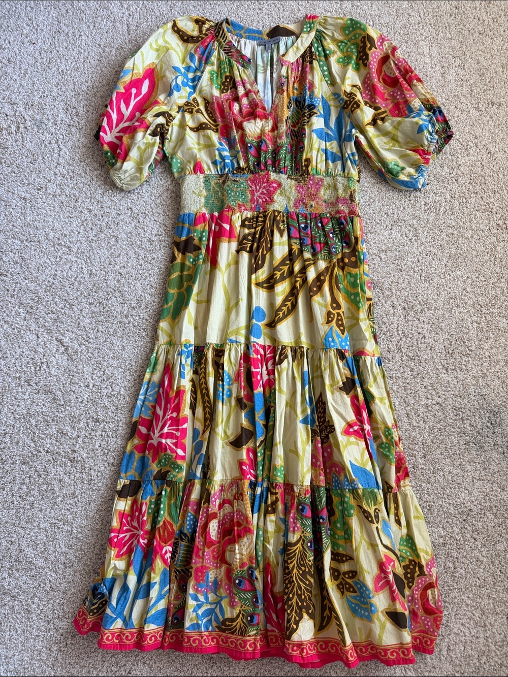 Floral Tiered Maxi Dress in Cream with Pink & Blue Accents